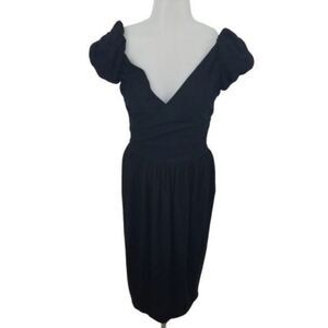 Charles Nolan dress black ruched v-neck wrap‎ S cap